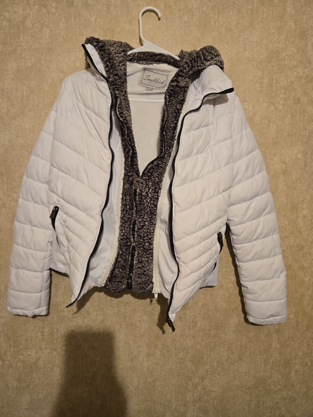 Sundays White Hooded Puffer Jacket with Gray Sherpa Interior